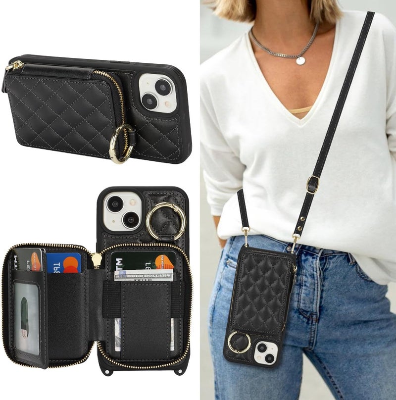 Hamany Crossbody Wallet Case for iPhone 14, PU Leather Zipper Handbag Purse Flip Cover, Kickstand Folio Case with Card Slots Holder Wrist Strap Lanyard 5G 6.1 Inch-Black - Image 1